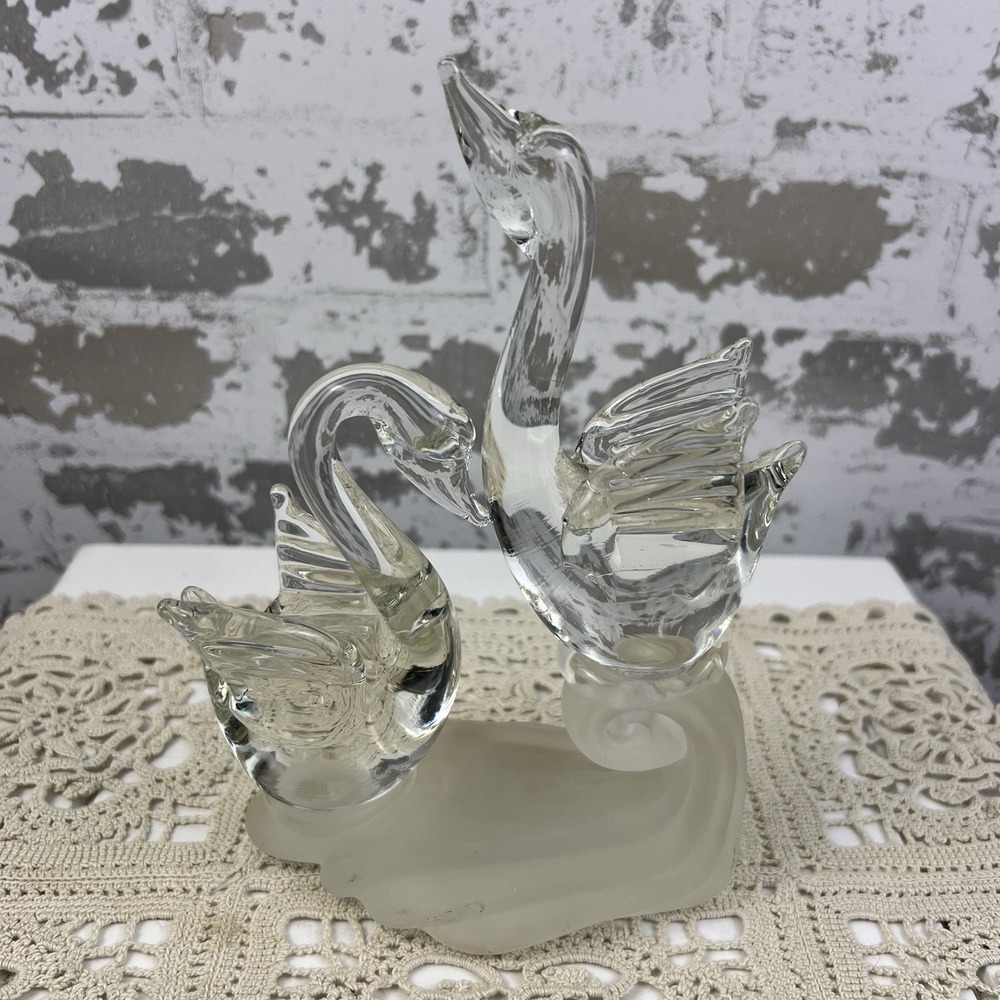 Vtg Art Glass Wave Riding Swans Paperweight Soulmates Frosted Base MCM Desk